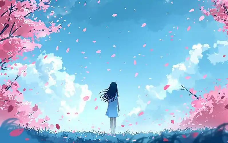 【ai数字艺术】樱花树长裙女孩背影卡通插画背景插画下载