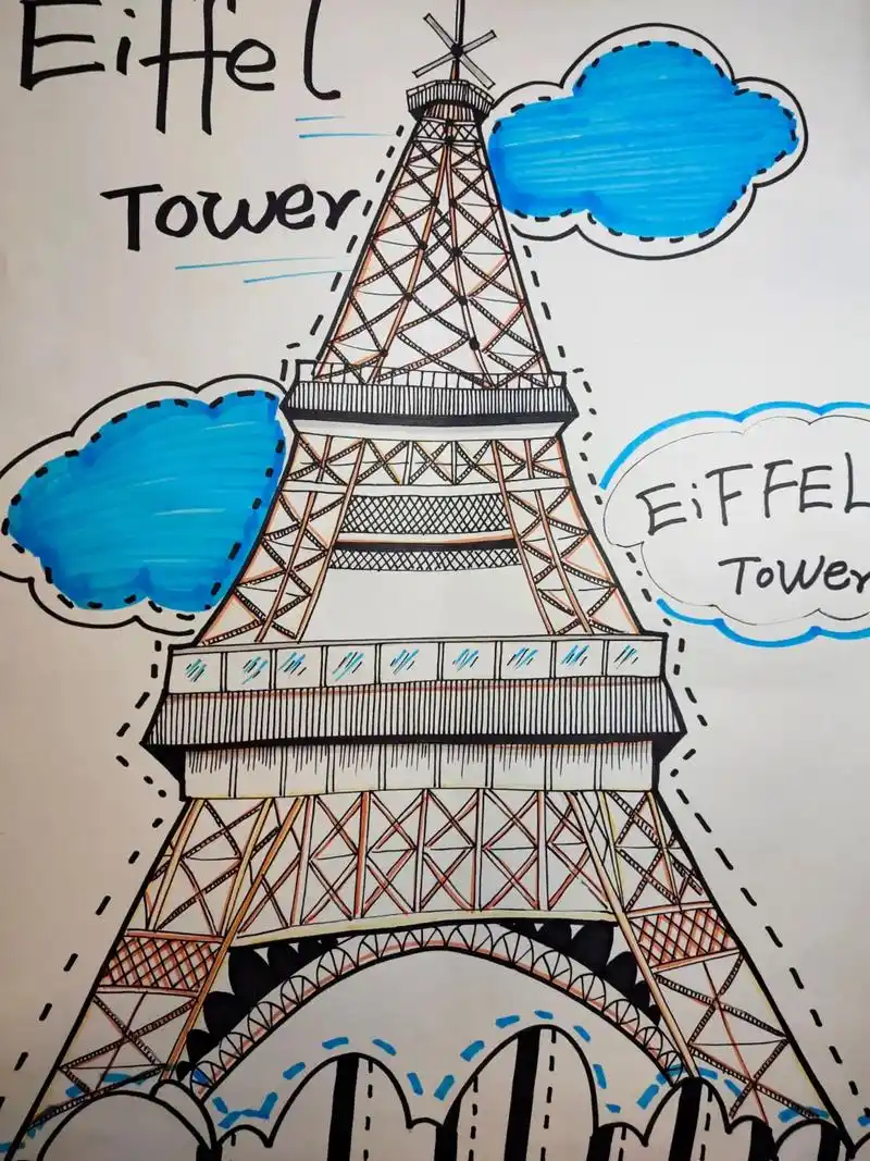 少儿美术线描法国埃菲尔铁塔#建筑手绘 #一起学画画 #少儿美 - 抖音