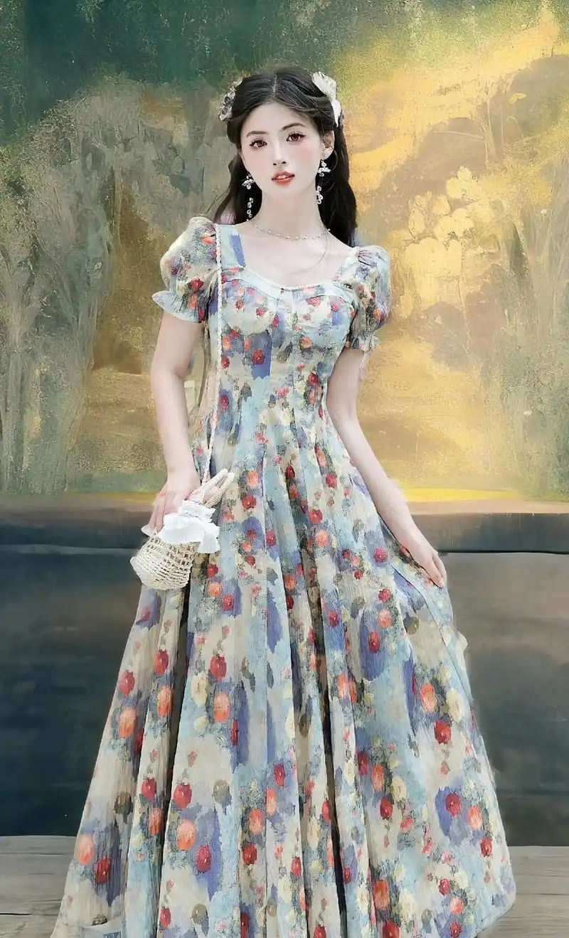 法式复古油画印花方领碎花长裙!9699独特的油画印花,仿佛 - 抖音