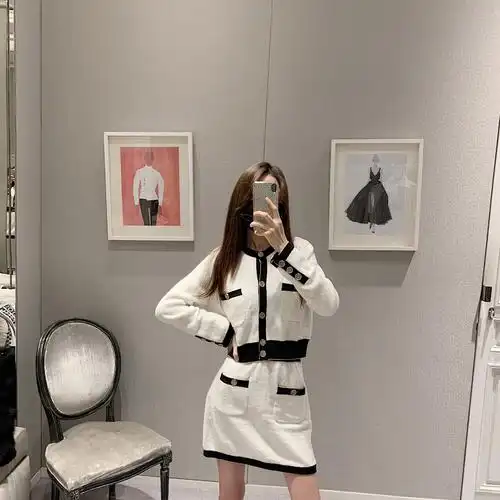 fbb李明萱2019早春新款气质白色小香风套装短外套阔腿裤半身裙女