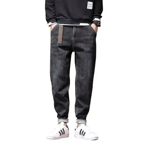 显瘦哈伦裤牛仔裤加肥佬男胖子宽松弹力小脚裤香港高端日系加大码