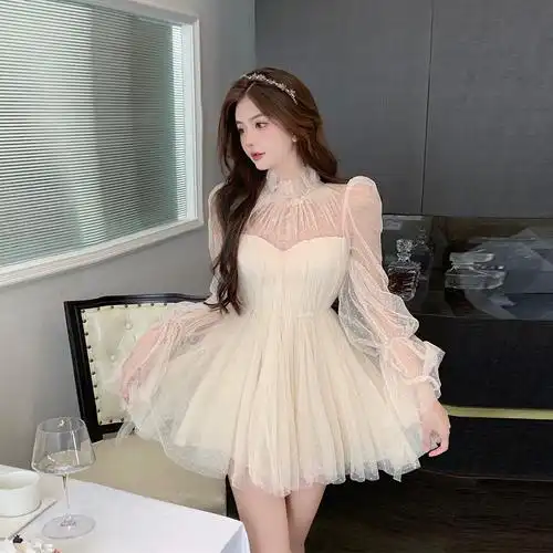 长袖连衣裙波点网纱拼接仙女抹胸蓬蓬短裙秋冬季法式收腰惊艳裙子