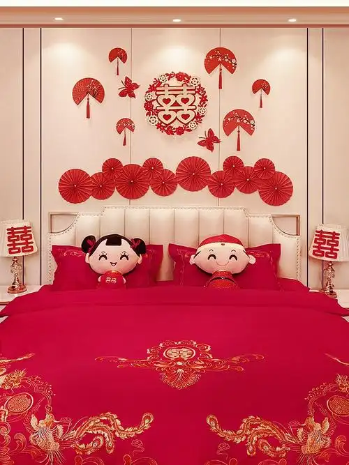 新品创意浪漫婚房布置套装不粘墙女方卧室床头中式拉花装饰结婚庆