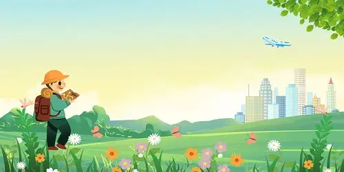 彩色卡通绿地城市徒步踏青旅游旅行展板背景旅游旅行背景