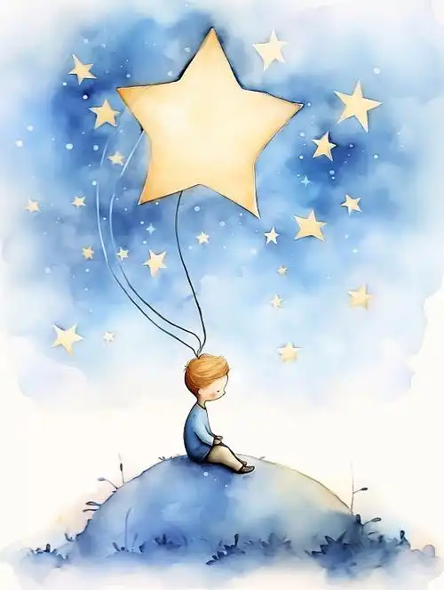 【ai数字艺术】天空夜晚放星星的小男孩水彩画意境治愈系插画图片下载