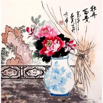 赵爱英  牡丹富贵> 国画 花鸟画 水墨写意 牡丹 花瓶  斗方