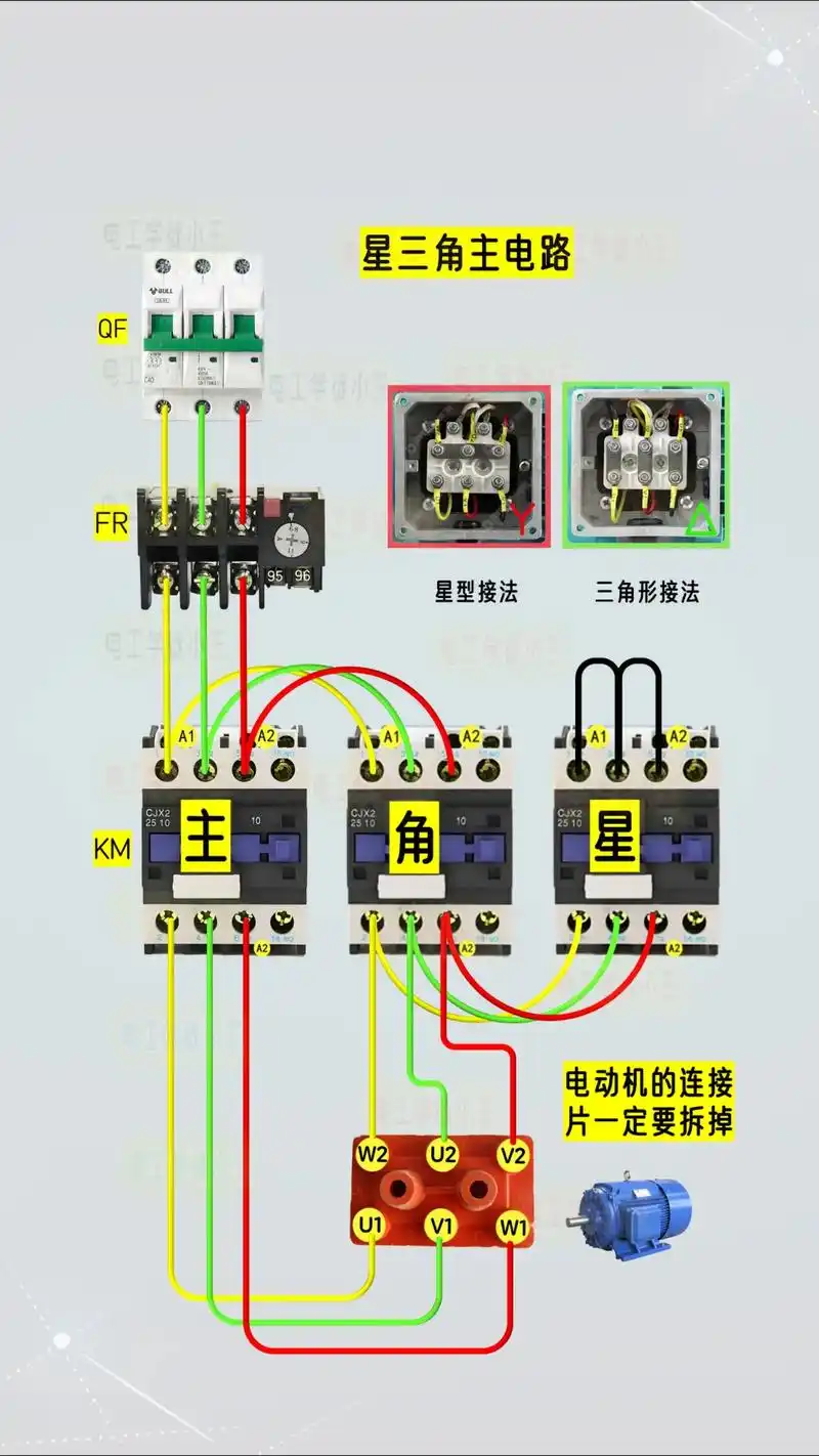 星三角主电路实物接线,考试经常考到.#电工知识 #电气控制