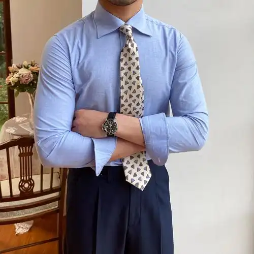 三先生男士通勤百搭牛津白色长袖衬衫意式八领衬衫