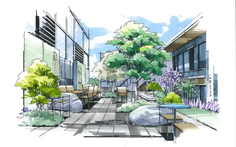 【马克笔手绘】景观庭院上色02