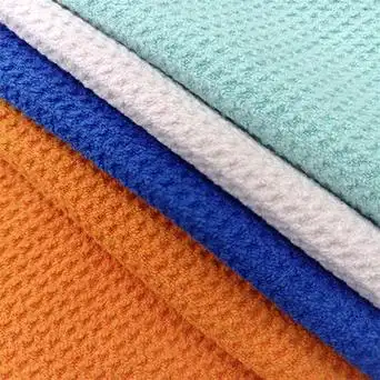 现货涤锦华夫格蜂巢布梭织方格白色涤棉浴袍吸水干发帽面料毛巾料