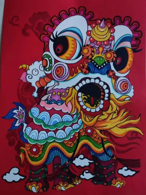 舞狮线描装饰画