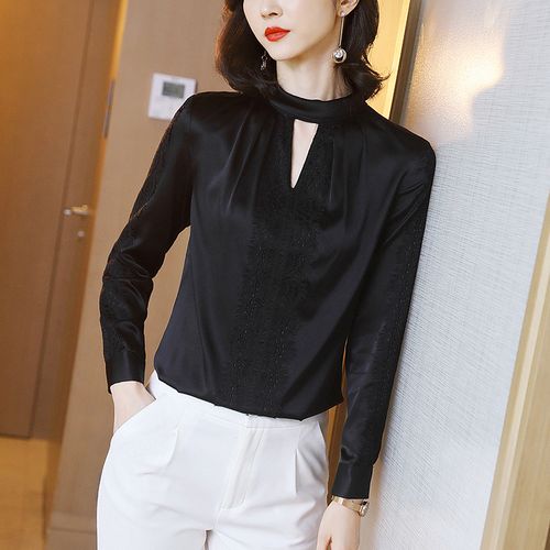 重磅真丝衬衫女2021新款夏秋长袖黑色蕾丝性感挂脖韩版桑蚕丝衬衣