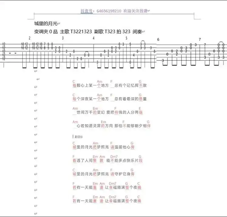 城里的月光吉他谱简单易学.##曲谱分享 #吉他入门简单歌曲