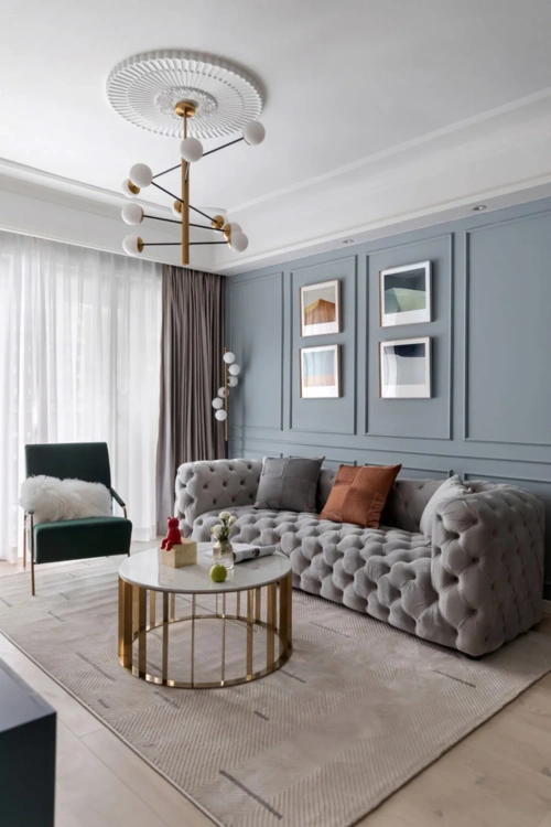 82平简约现代灰蓝色轻奢韵味之家颜值与储物兼具