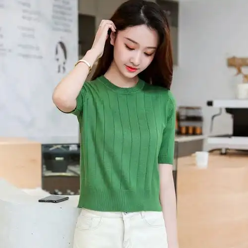 2022夏天毛衣短袖小个子高腰短款针织衫套头圆领毛针织衫