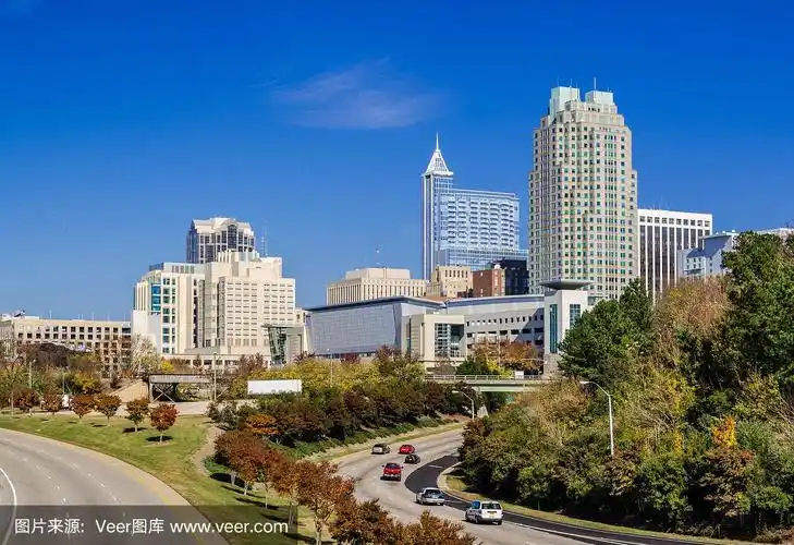 罗利市中心的天际线和街道两旁排列着秋天的彩色树木