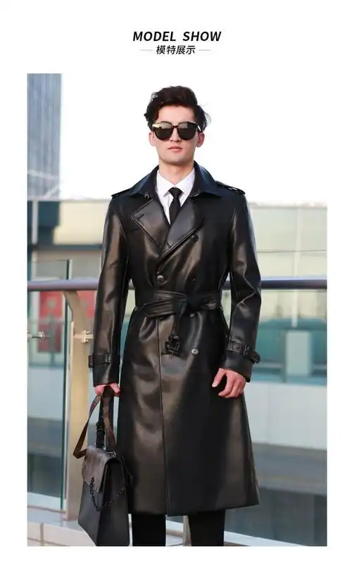 恒源祥旗下彩羊战壕皮风衣男超长款过膝双排扣英伦时尚男士皮衣加厚