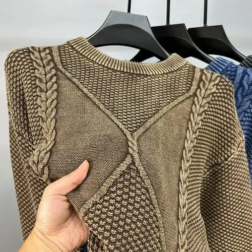 男士毛衣男圆领纯棉水洗做旧潮牌ins宽松春秋季针织打底衫落肩袖