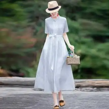 默读白色文艺复古棉麻连衣裙女2022夏季新款立领气质收腰显瘦亚麻长裙