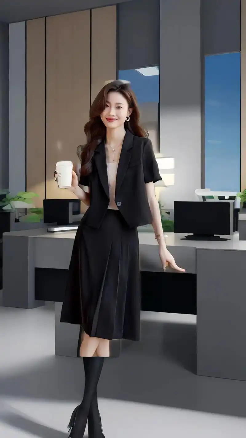 黑色西装套装女2024夏装新款短款外套小个子西服百褶半身裙两件套