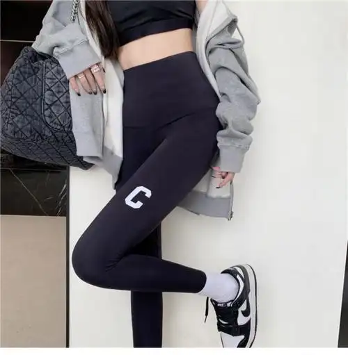 蜓秀c字母鲨鱼裤女外穿春秋薄款强压高腰紧身瑜伽芭比打底裤 c字母