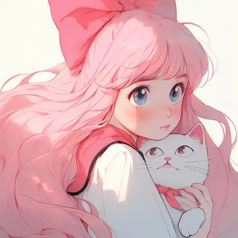 ai粉色头发女孩 长卷发抱猫女生头像.#二次元ai绘画 #这 - 抖音