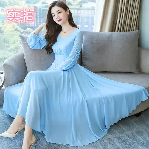 实拍1578# 2018初秋新款大码雪纺连衣裙长袖气质显瘦大摆长裙女