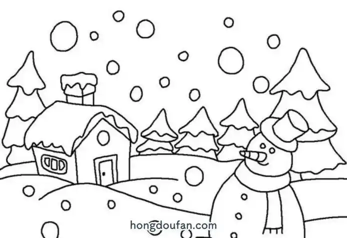 下雪天的雪房子和雪人涂色简笔画大全