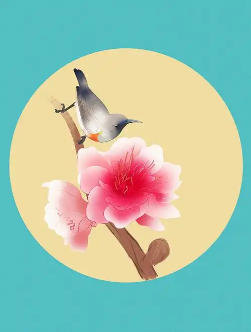 中国风传统绘画中国画工笔花鸟新中式桃花鸟类团扇元素写意插画图片