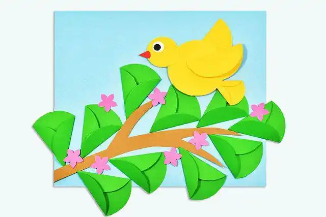 简单儿童剪纸拼贴画树上的小鸟步骤图解