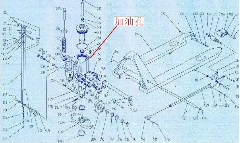 首先我们需要找到手动叉车上的液压油缸,在液压油靠近上端侧后面有