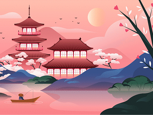 很美的渐变日式寺庙与湖风景背景插画