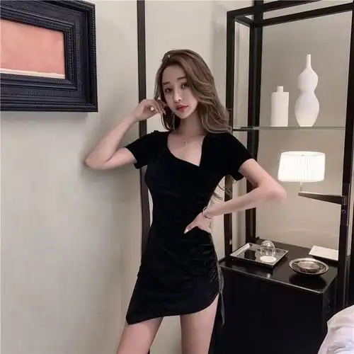 原版尺寸 夜店性感短款连衣裙女足疗技师主播工作服不规则小黑裙 - 17