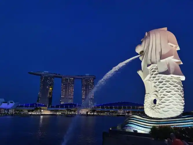 现在坡坡疫情防控不允许在外吃饭所以街上人很少晚上在鱼尾狮公园散步