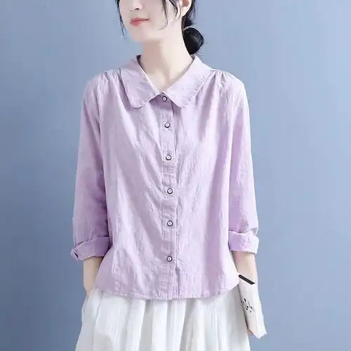 棉麻衬衫女春秋新款文艺复古风娃娃领衬衣黑白扣提花宽松长袖上衣