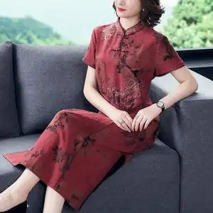 香云纱真丝连衣裙40一50岁妈妈改良版旗袍女长款气质过膝复古长裙