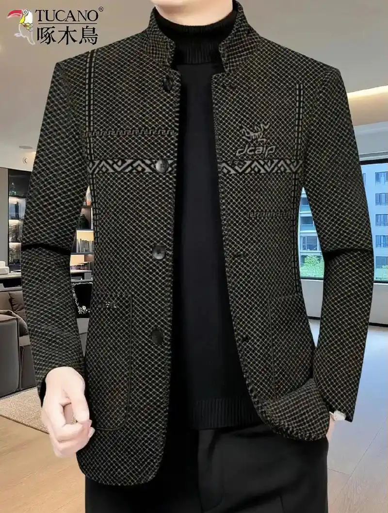 男神们～啄木鸟毛呢大衣新款中年男士保暖外套立领帅气商务男装冬