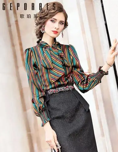 歌珀莱品牌女装气质条纹印花衬衫女2020春季新品名媛知性成熟风蝴蝶结