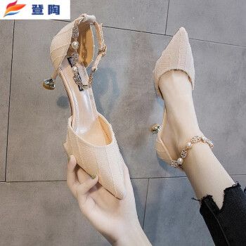 登陶瓢鞋女夏女士半高跟鞋高跟网红一字扣时尚百搭新款尖头猫跟单鞋中