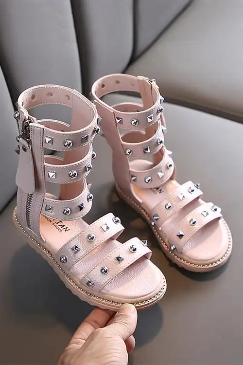 女童高帮罗马鞋夏季新款女童凉鞋儿童鞋子韩版长靴铆钉镂空凉鞋潮