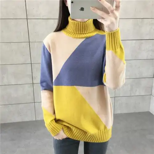 拼色两翻领套头拼色毛衣