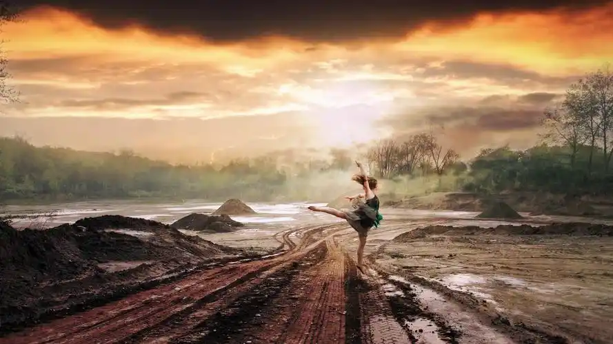 舞蹈女孩在雨中,道路,艺术创作 壁纸