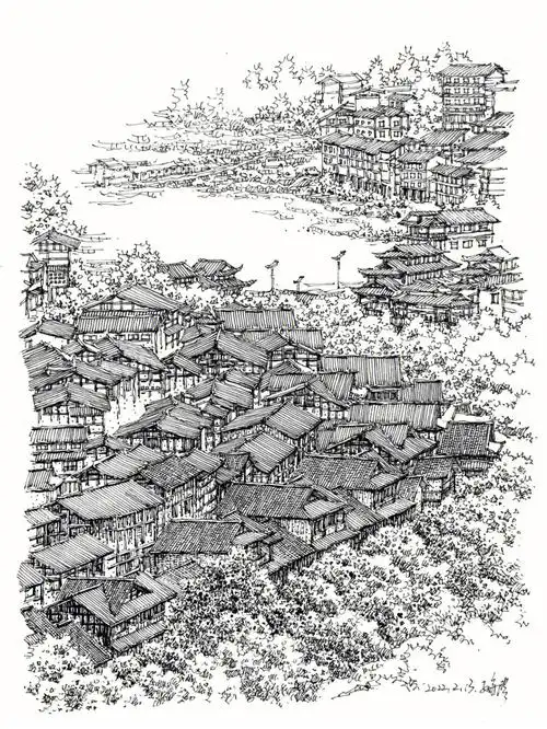 钢笔速写古村落民居