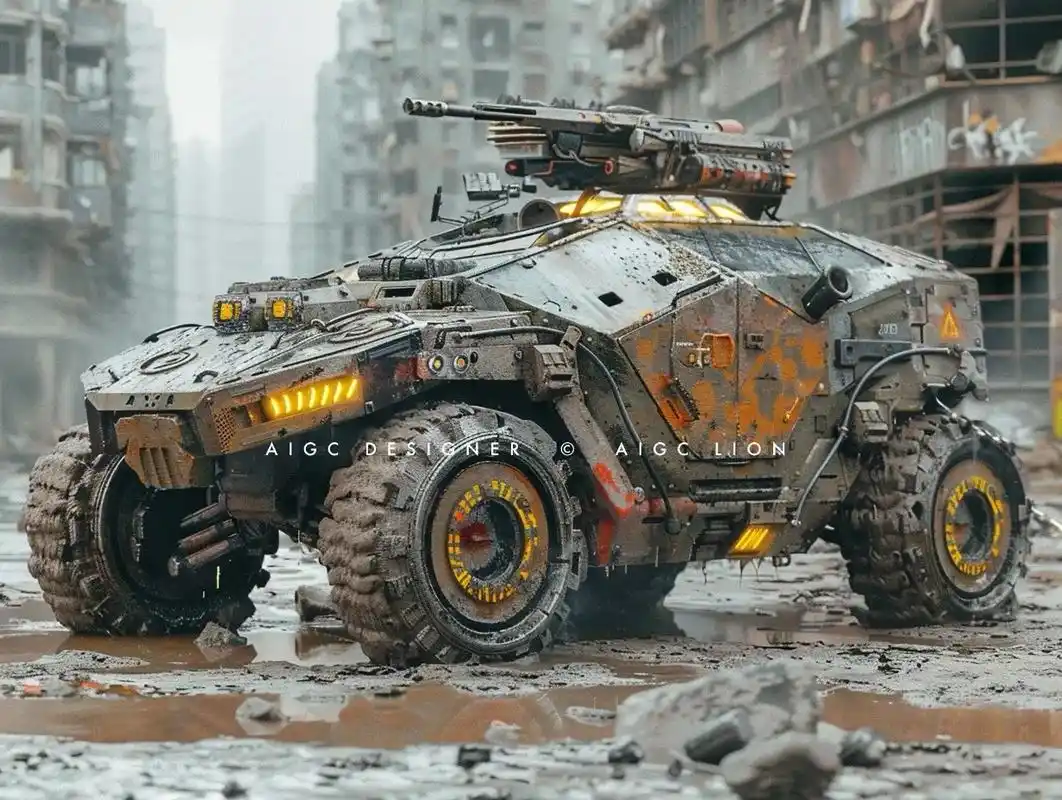 在末日病毒肆虐的废土中,一辆履装甲车显露出赛博朋克的科技感.