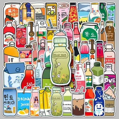 50张原创卡通饮料瓶儿童贴纸可爱涂鸦笔记本行李箱水杯装饰防水