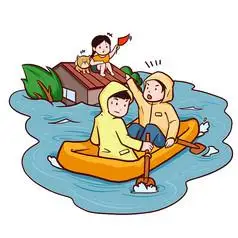 手绘卡通洪水中坐船逃生的男孩