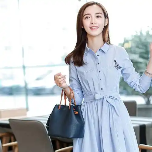 长袖衬衫连衣裙女绣花棉立方2017秋装新款女装条纹中长款纯棉女裙