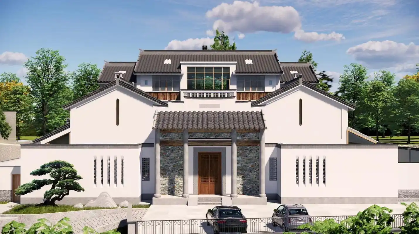 现代中式四合院别墅设计图纸外观效果图