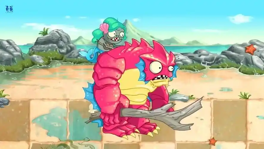 植物大战 b>僵尸动画 /b> 鱼人巨人僵尸与美人鱼僵尸 沙滩上的植物