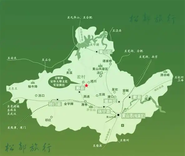 黄山区(也就是太平,黄山景区北大门),徽州区(岩寺),休宁县,黟(y